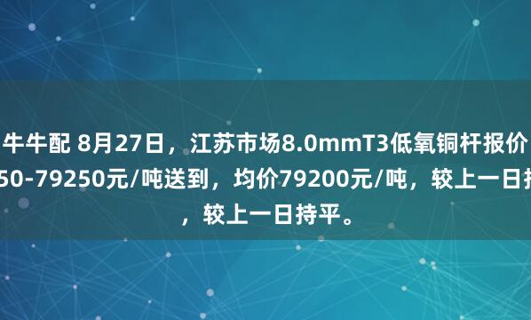 牛牛配 8月27日，江苏市场8.0mmT3低氧铜杆报价79150-79250元/吨送到，均价79200元/吨，较上一日持平。