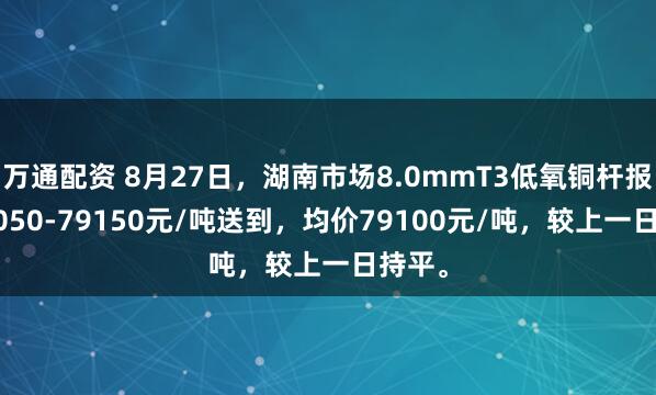 万通配资 8月27日，湖南市场8.0mmT3低氧铜杆报价79050-79150元/吨送到，均价79100元/吨，较上一日持平。