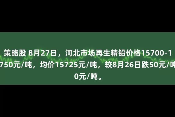 策略股 8月27日，河北市场再生精铅价格15700-15750元/吨，均价15725元/吨，较8月26日跌50元/吨。